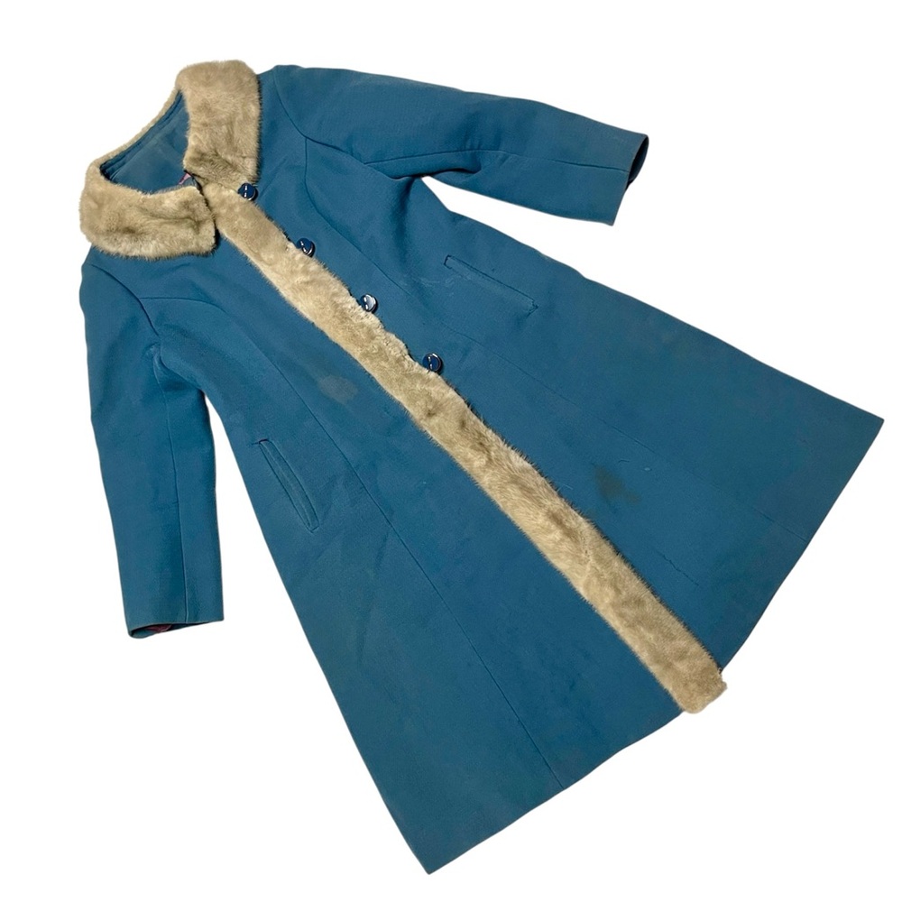 Elegant Blue Women's Coat with Faux Fur Trim